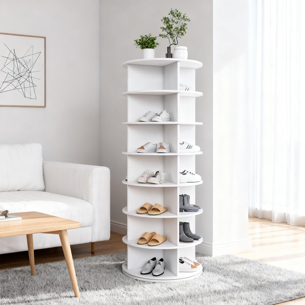 7-Tier rotating shoe rack tower, 360 degrees rotatable – freestanding shoe rack for 28 pairs of shoes, space-saving, white (60 × 60 × 161cm)