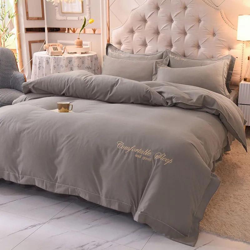 4pcs/set European-style Simple and Modern Solid Color Embroidered Quilt Bedding Bed Skirt Set Bedding Set Comfortable Soft Four-piece Set