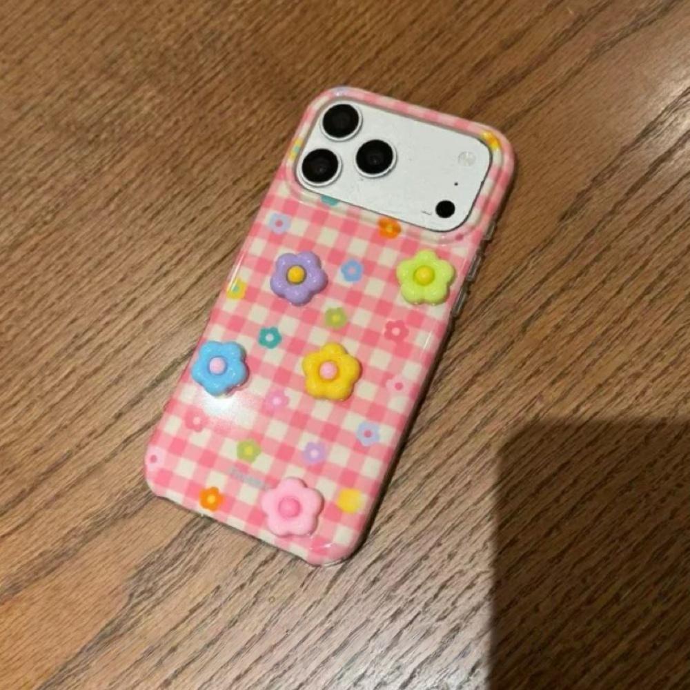 Cute Pink Plaid 3D Colorful Flowers iPhone 17 Pro Max Case Creative Girl Style Phone Cover