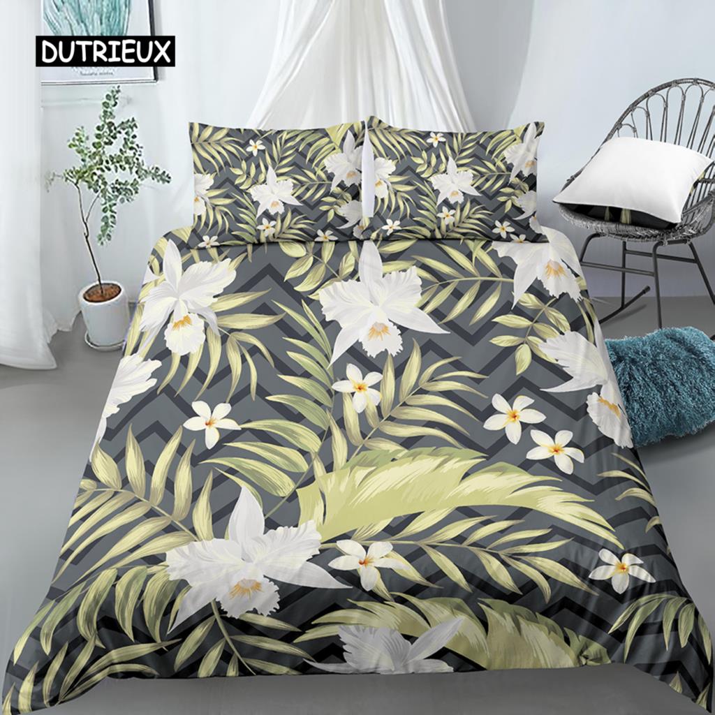 Blätter und Blumen Bettbezug-Set King Size Palmblätter Rosa Blumendruck Steppdeckenbezug für Mädchen Jungen Polyester 2/3-teiliges Bettwäscheset