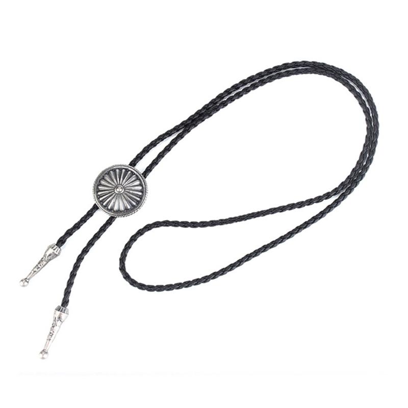 Mens Bolo Tie Necktie Faux Leather Braided Rope Necklace with Metal Round Flower Pendant Jewelry Cowboy Hat Accessories