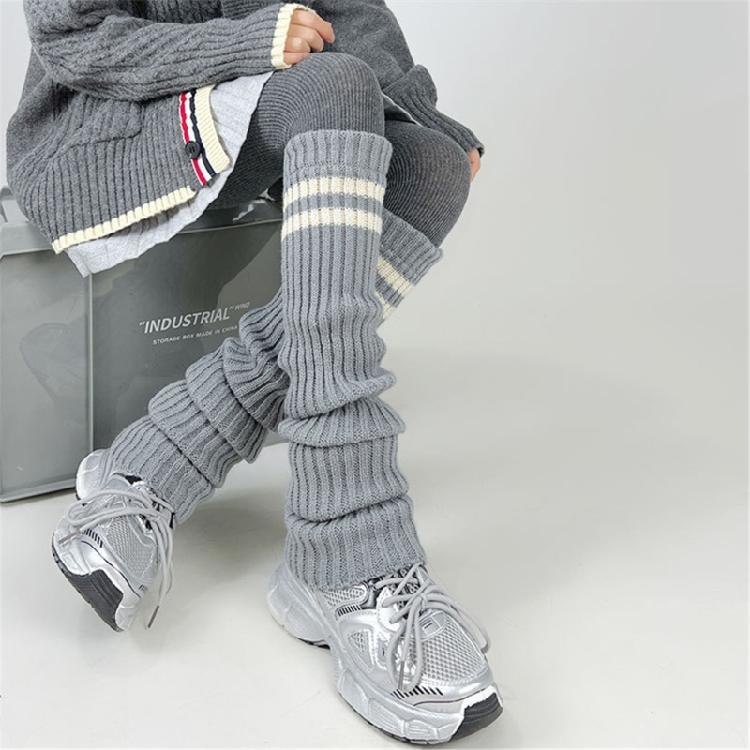 Harajuku Women Double Striped Leg Warmer Ribbed Knitted Over Knee Stacked Socks
