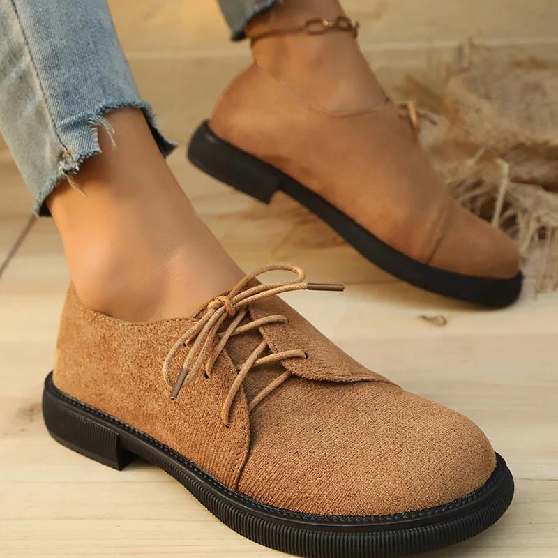 Fashion Leopard Low Heels Pumps Women 2025 Spring Thick Heel Faux Suede Oxford Shoes Woman Plus Size Lace Up Single Shoes Mujer