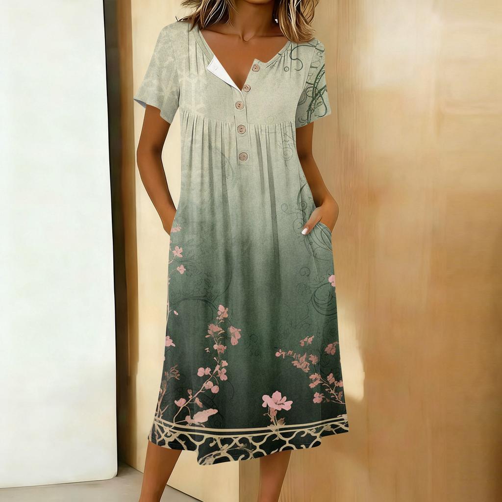 Women's Fashionable Retro Printed Round Neck Short Sleeved Button Neck Mid Length Casual Dress