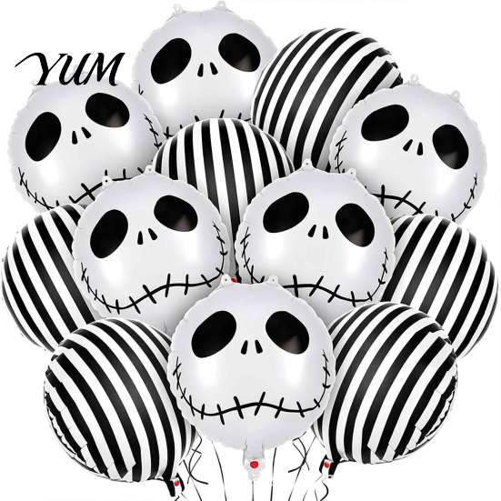 Spooky Carnival Party Favors 12PCS Halloween Skull Balloon Set, Aluminum Foil Balloons, Black And White Theme Supplies Striped Realistic Print