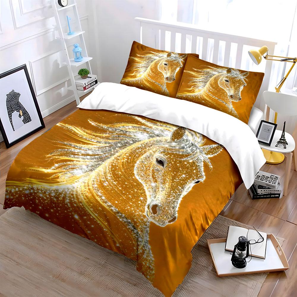 Glittering Golden Horse Design Bedding Duvet Cover Set Duvet Cover Pillowcases  (1 * Duvet Cover 2 * Pillowcases, without duvet insert)
