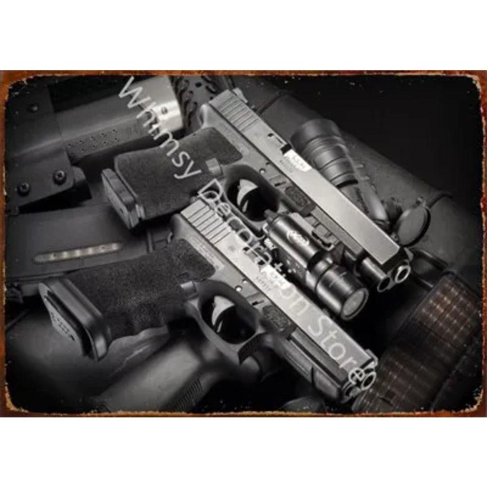 Retro Pistol Tin Sign Metal Wall Art for Home Bar Club Decor