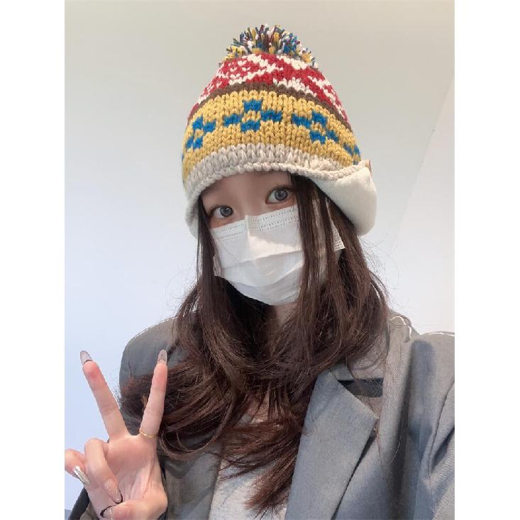 Sweet and cute fleece-lined women's winter knitted ear-protecting Lei Feng hat, versatile for autumn and winter, warm woolen hat for students