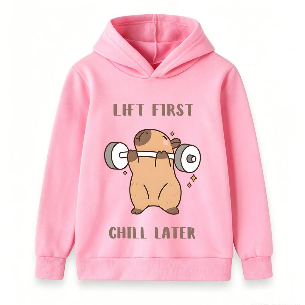 Kids Boys Girls Hooded Pullover Sweatshirt, Cute Capybara Lift First Chill Later Graphic Casual Soft Long Sleeve Hoodie For Daily Workout Playwear