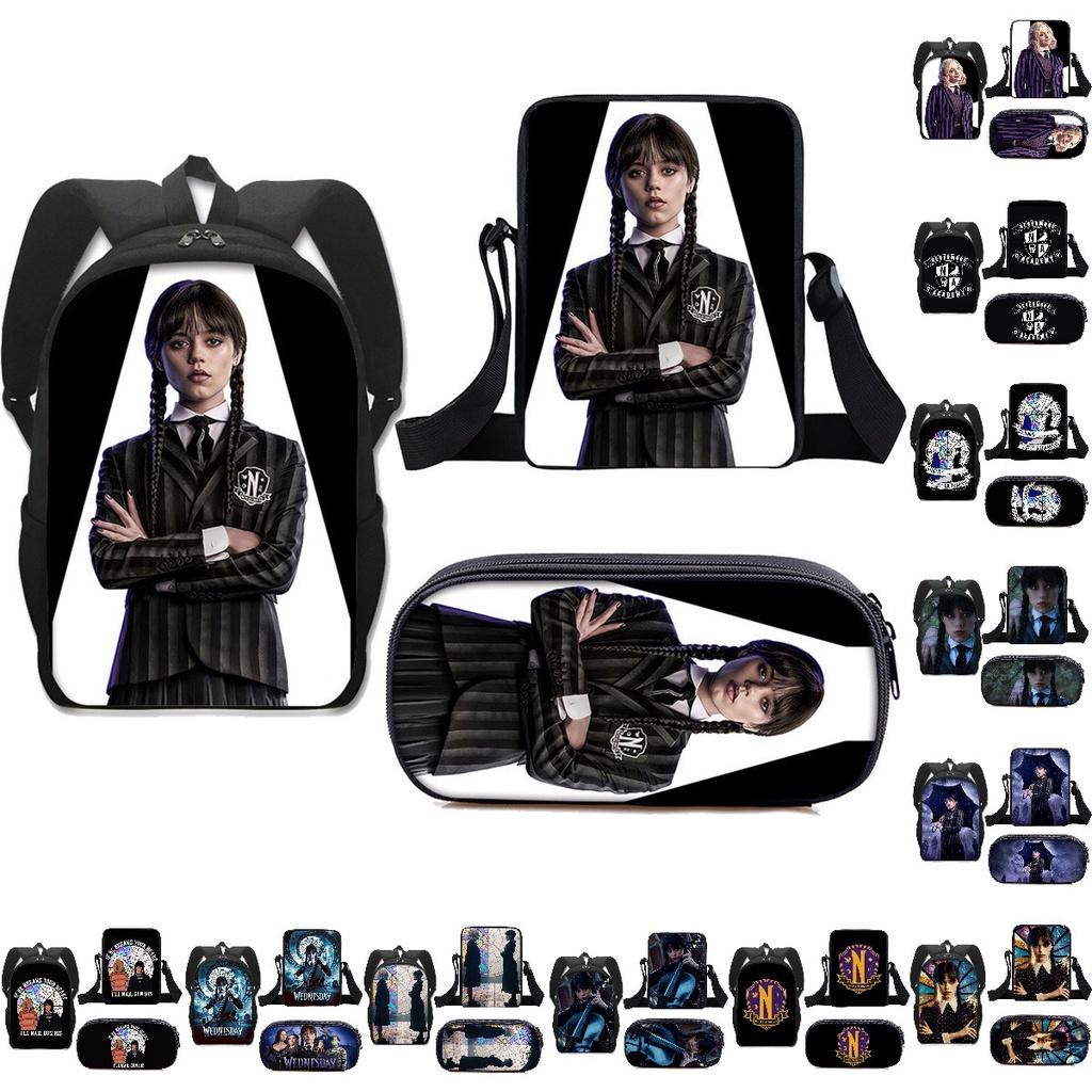 3pcs Wednesday The Adams Family Backpack+shoulder Bag+pencil Case Set Kids Gift