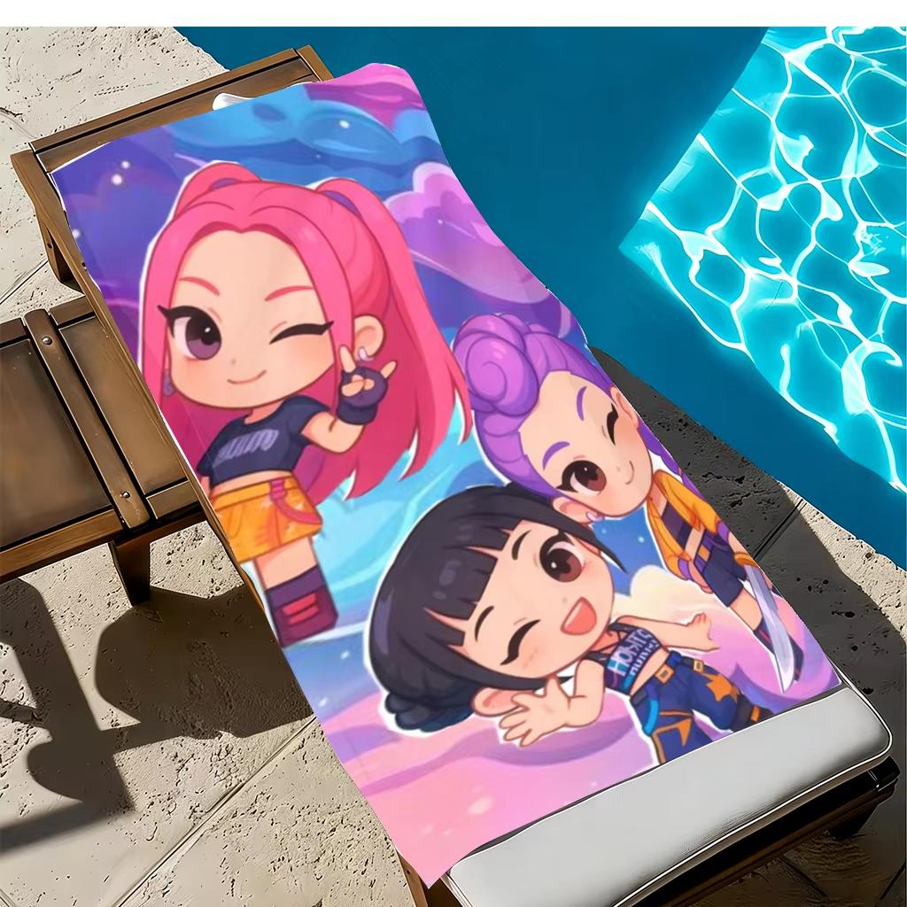 1pc Cute Chibi Girls Beach Towel, Pink Purple Cartoon Microfiber, Unisex Ideal for Swimming Surfing Camping Beach Holiday Bath