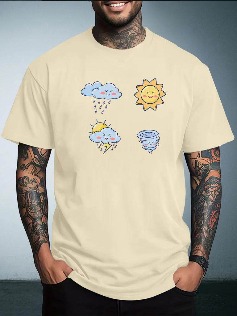 Unisex Summer White Short Sleeve Tee Cute Cartoon Weather Sun Rain Cloud Tornado Graphic Print Crew Neck Loose Casual Male Tops