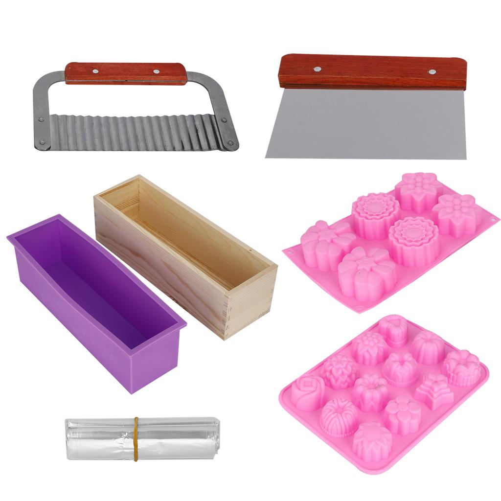 DIY Silicone Hand Made Soap Mold Set Wood Box Wavy Straight Cutter Molds Heat Shrinkage Film