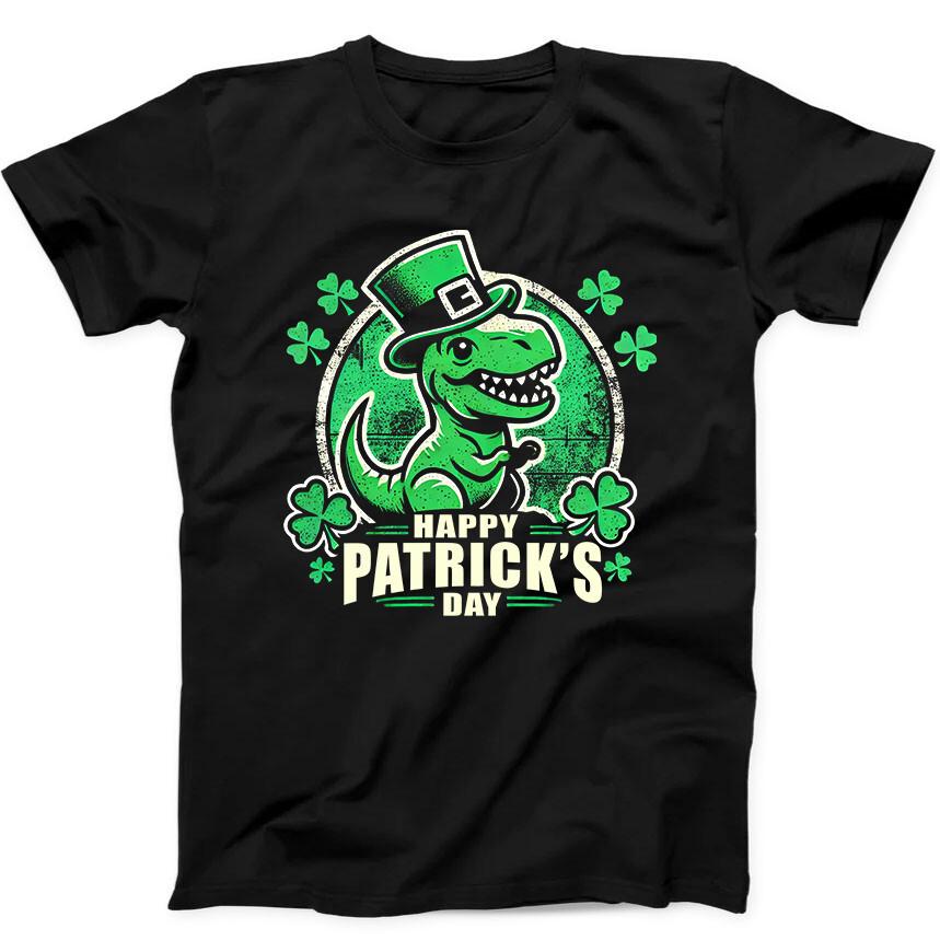 

St. Patrick s Day Green Dinosaur Best Seller Funny Gift Black Tee T Shirt 366 S