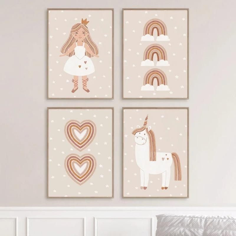 Boho Cartoon Girls Horse Rainbow Heart Wall Art Nordic Posters Pictures For Kids Room Home Decor Nursery Canvas Prints Painting
