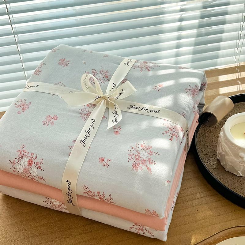 Ins Floral Print Bedding Set Knitted Cotton Flat Sheet Set Four Pieces Duvet Cover Double Layer-yarn 4Pcs Lovely Fitted Sheet