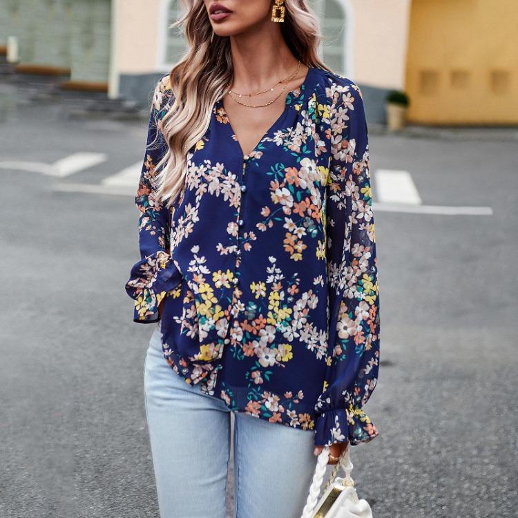 Elegant Floral Blouse for Women V Neck Lantern Sleeve Button Top Autumn Shirt