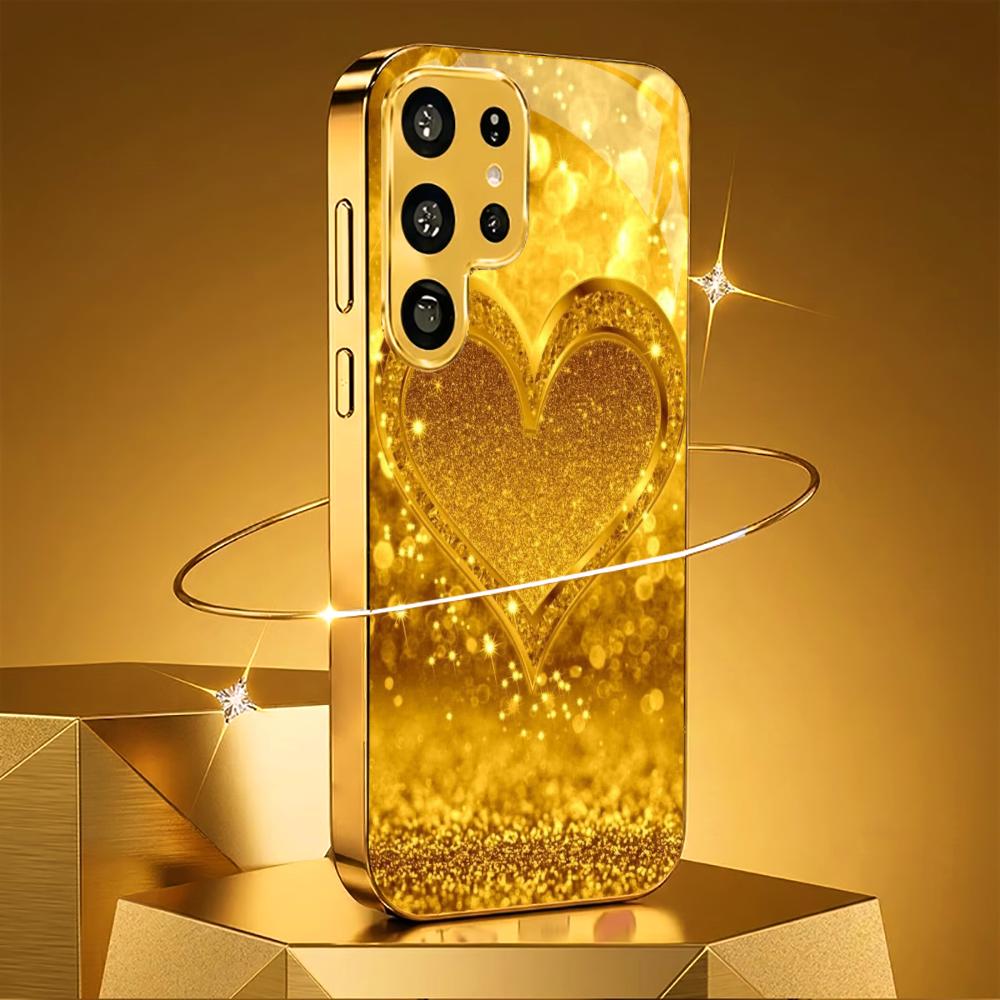 Extra-large golden heart Glass PhoneCase for Samsung Galaxy S26 S25 S24 S23 S22 FE Ultra Plus Built-in glass Gold Exquisite