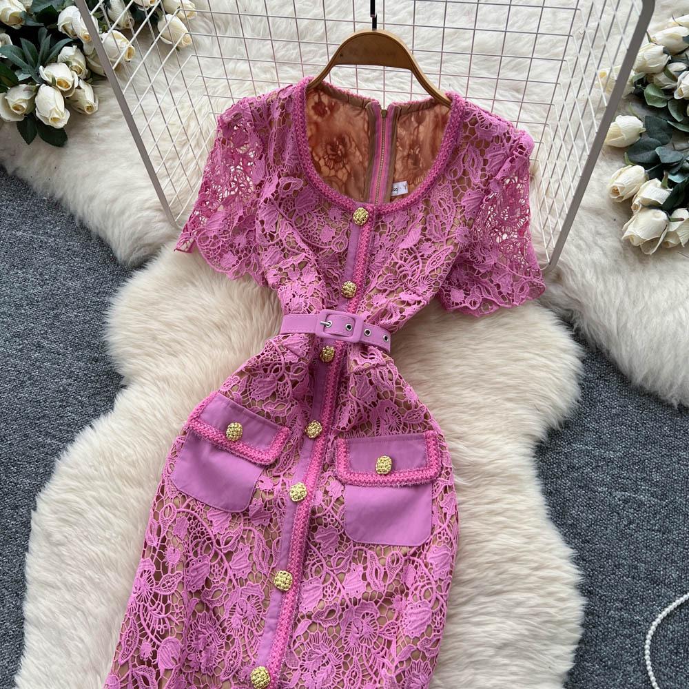 Advanced Sense Hollow Gas Square Collar Lace Dress Women's Summer Metal Buckle Waist Slim A-shaped Skirt