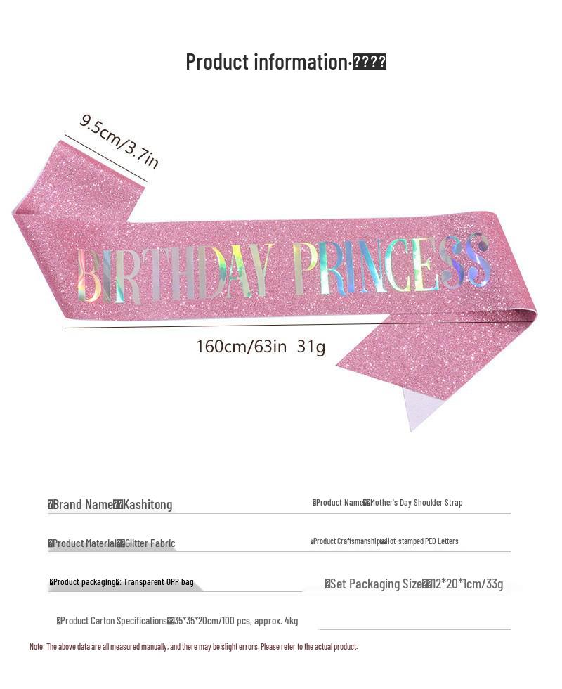 European & American Glitter Princess Birthday Sash for Girls