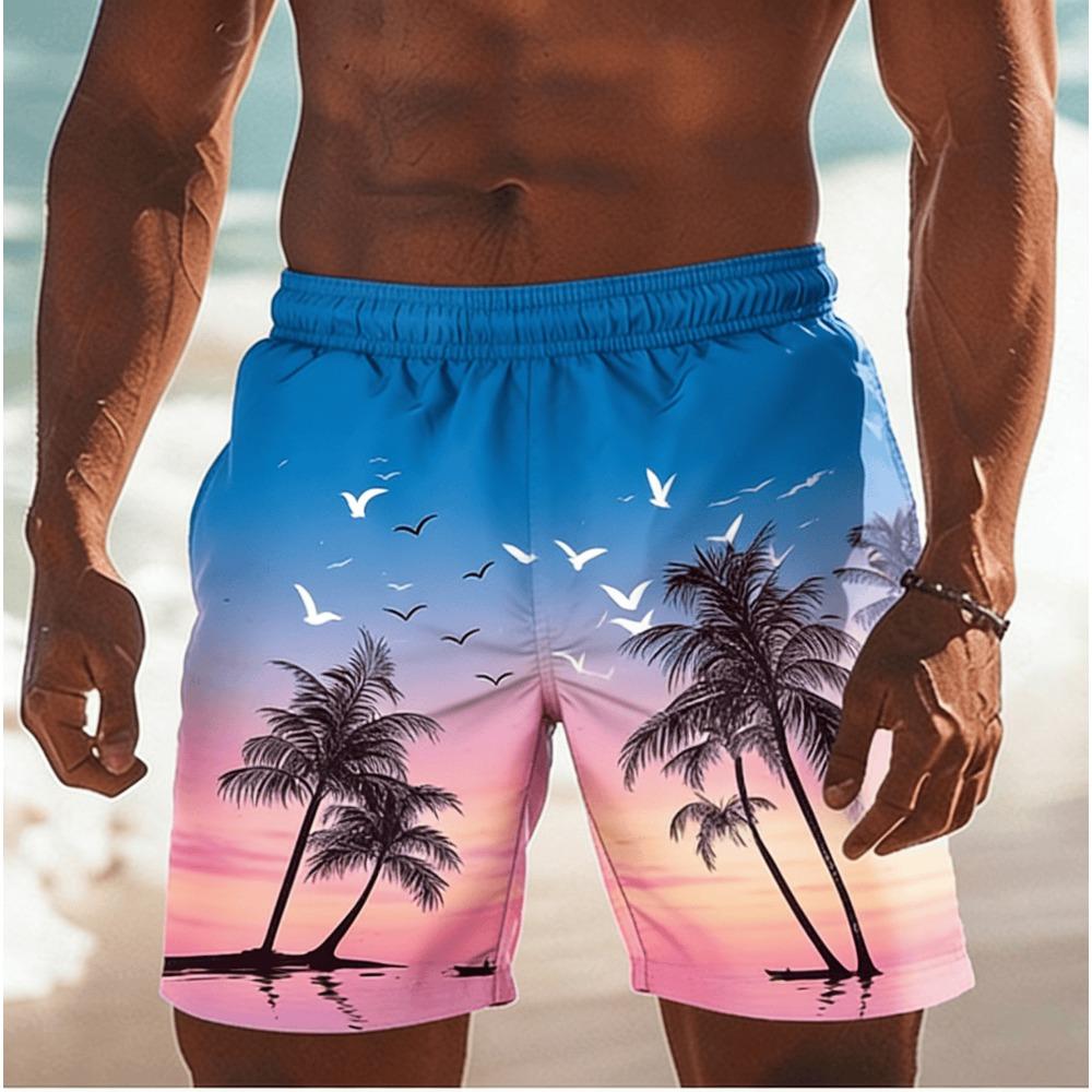 Pantaloncini da Spiaggia Uomo Stampa Tramonto Hawaiano Palma Gabbiano, Casual Primavera Estate Vacanza al Mare Costume da Surf