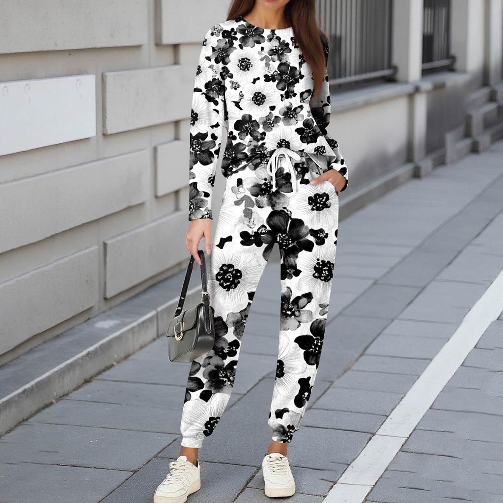 Sets für Damen 2-teilig Rundhals Langarmshirts Bedruckte Jogginghosen Taschensets