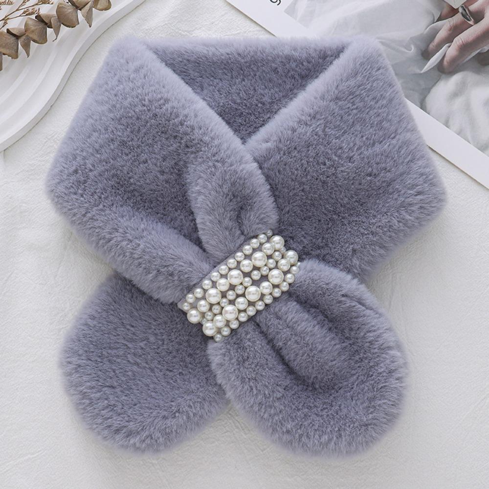 Cute Thickened Pearl Plush Scarf Soft Faux Rabbit Fur Korean Style Scarf Cross Warm Neck Warm Ring Women Girls