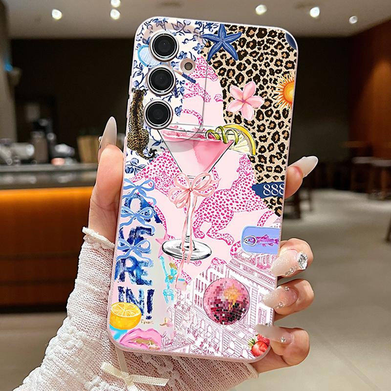 Pink Goblet Bowknots Disco Ball Pattern Case For Samsung Galaxy A57 A56 A55 A54 5G A37 A36 A35 A34 A17 A16 A15 A14 Leather Texture Silicone Cover