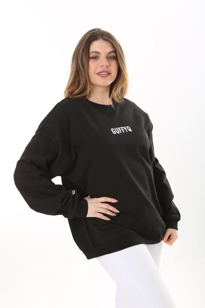 Damenstil Übergröße Sweatshirt Große Größe Schwarz Baumwollstoff Sweatshirt mit Stickbuchstaben