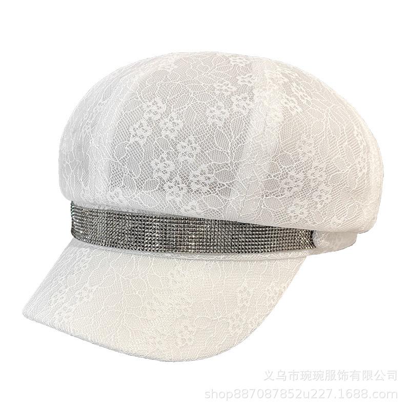 New Lace Breathable Octagonal Hat Children's Spring and Summer Rhinestone Belt Personalized Versatile Retro British Painter Hat