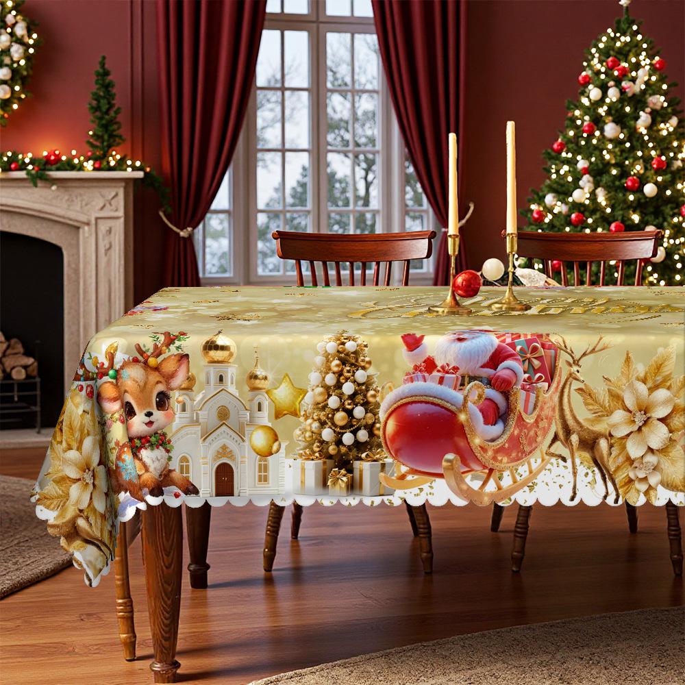 Christmas Round/Rectangular Table Cloth, Warm Yellow Santa Reindeer Sleigh Gold Decoration, Table Cloth