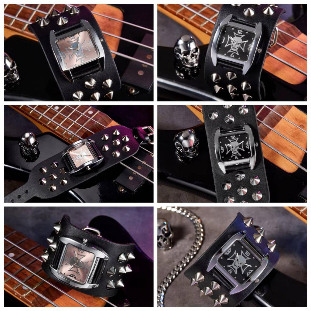 Retro Vintage Street Hip Hop Punk Rock Gothic Biker Uhr Quarz Stud Wasserdicht Männer PU Leder Armband Niet Ghost Skull Halloween