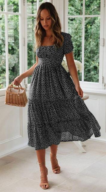New square neck bubble sleeve floral dress long dress XL чёрный