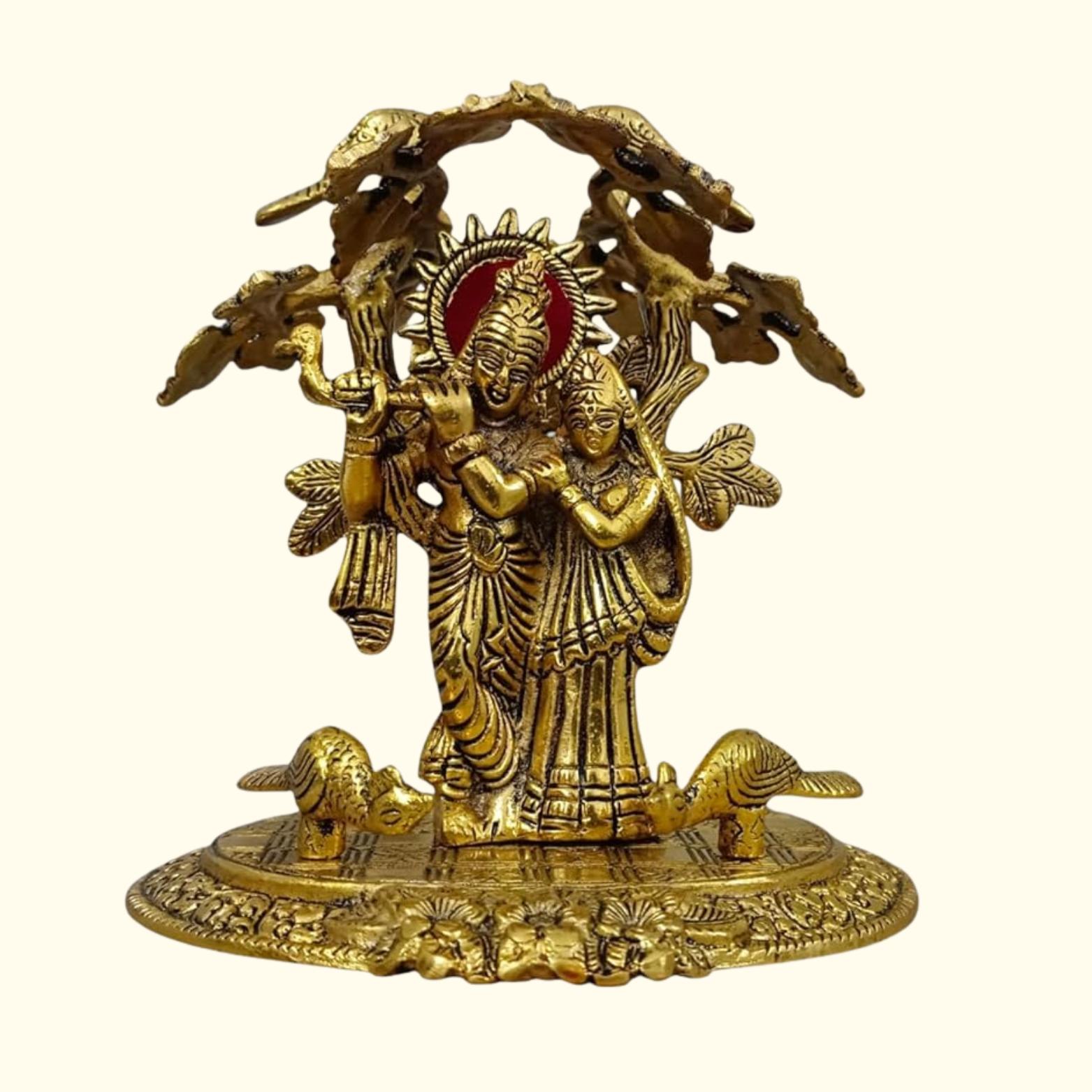 Антикварная статуэтка Радха Кришна из чистой латуни, Статуя Радха Кришна, Золотой, Религиозная