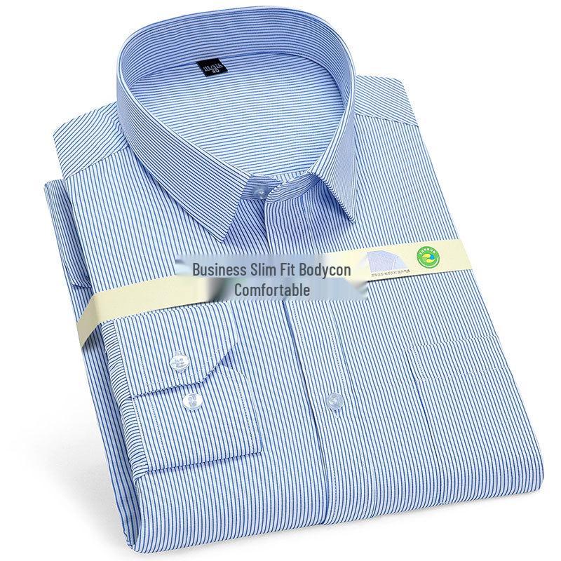 Męska koszula z długim rękawem Golden Shield w białe paski, o luźnym kroju, biznesowa, formalna, zapinana na guziki