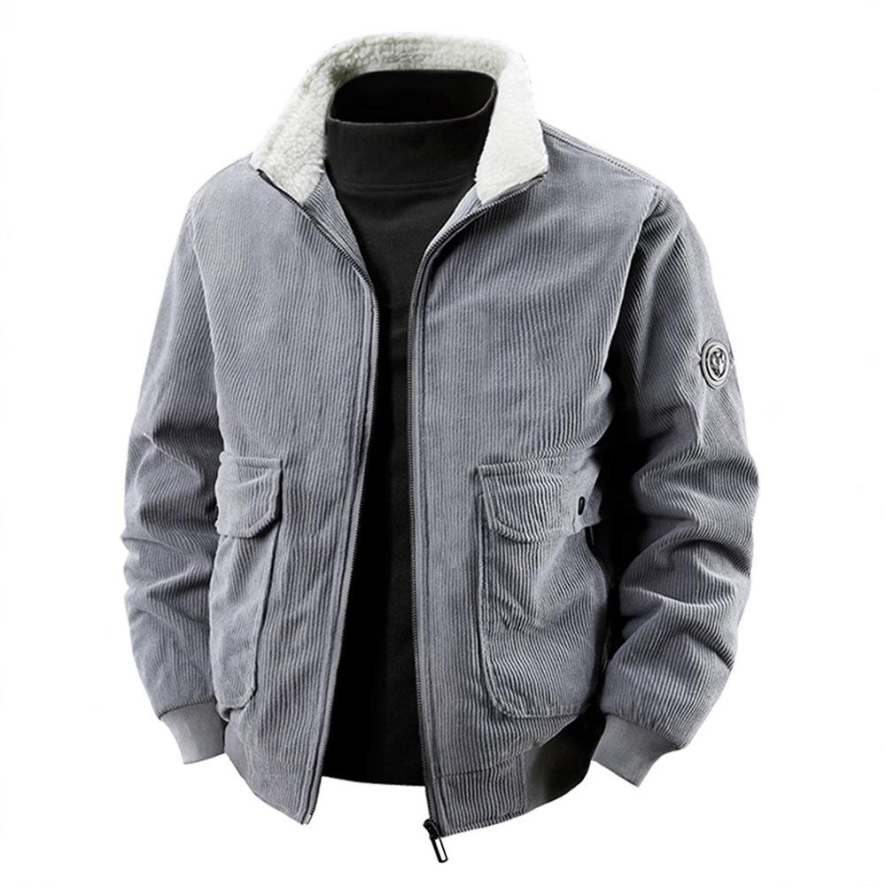 Men's Retro Corduroy Lambswool Jacket - Winter Warm Stand Collar, Mid-weight, Casual Style