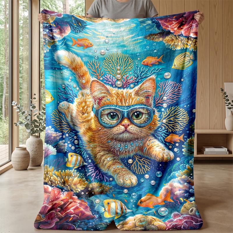 Underwater Cat Adventure 3 Theme blanket Lightweight Warm Flannel Blanket Decorative Throw Blanket for Home Decoration