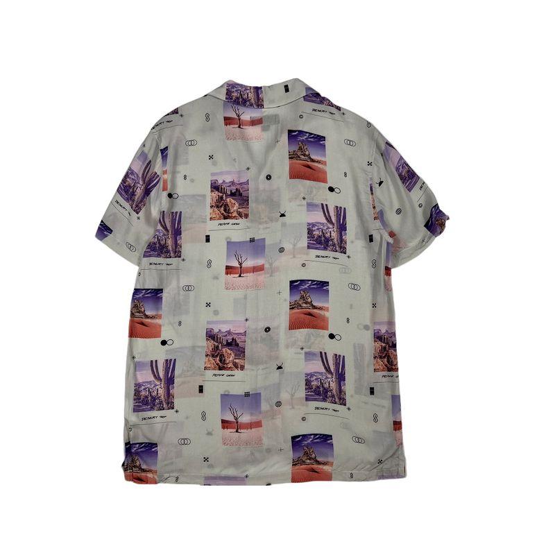European and American Single Men Summer Rayon Shirt American Casual Loose Thin Cuban Collar Vintage Print Short Sleeves Shirt
