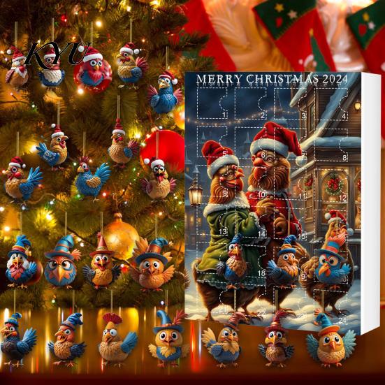 Versatile Hanging Ornaments for Doors Windows Chicken Advent Calendars 2025, 24 Days 2D Flat Animal Ornament Christmas Fun Holiday Party Favors