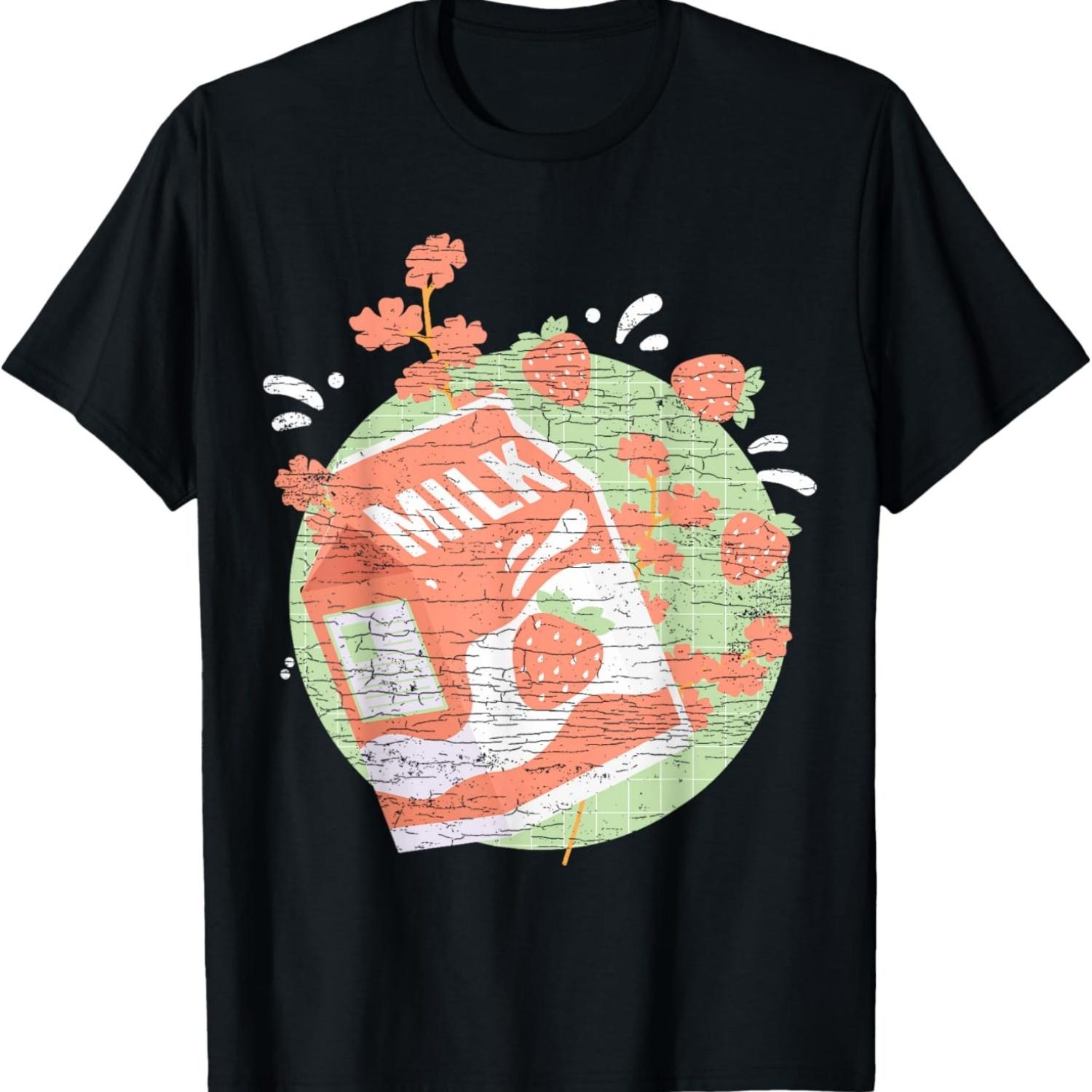 Strawberry Milk 90s Vaporwave Cherry Blossom Aesthetic T-Shirt S