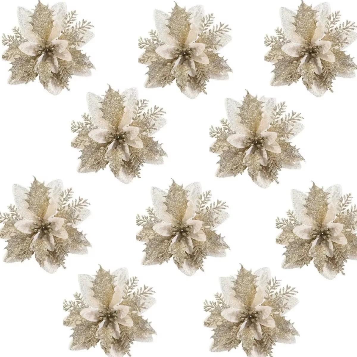 

2025 Glitter Pink Christmas Flowers Xmas Tree 14cm Artifical Flower Ornaments Merry Christmas Decoration For Home New Year 10pcs золотой