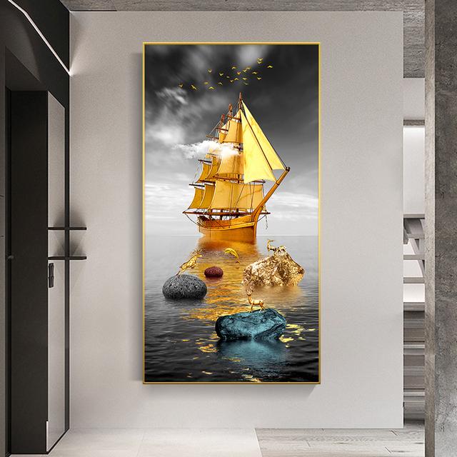 New Chinese Gold Ship Abstract Boat Canvas Painting Wall Art Zen Stone Rich Tree Posters and Prints for Living Room Decor Quadro