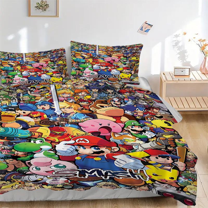 3dílná sada povlečení Mario Gamer Gaming Obsahuje 1 přikrývku + 2 povlaky na polštář, Bez výplní do polštářů, Měkká pohodlná, Lehká prodyšná,