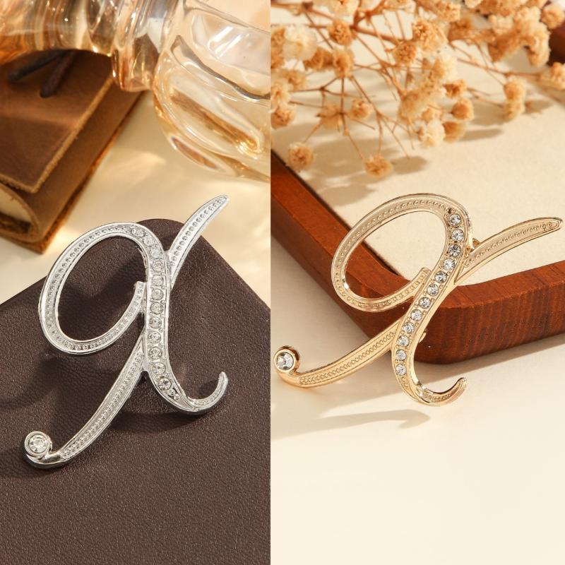2Pcs  Full  Encrusted Gold And Silver Alphabet Letter Brooches Pins Minimalist Clothing Jewelry Accessory