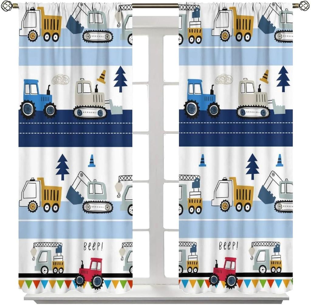 Kids Truck Curtains Cartoon Cute Colorful Construction Car Tractor Bulldozer Traffic Transportation Vehicles Window Treatments