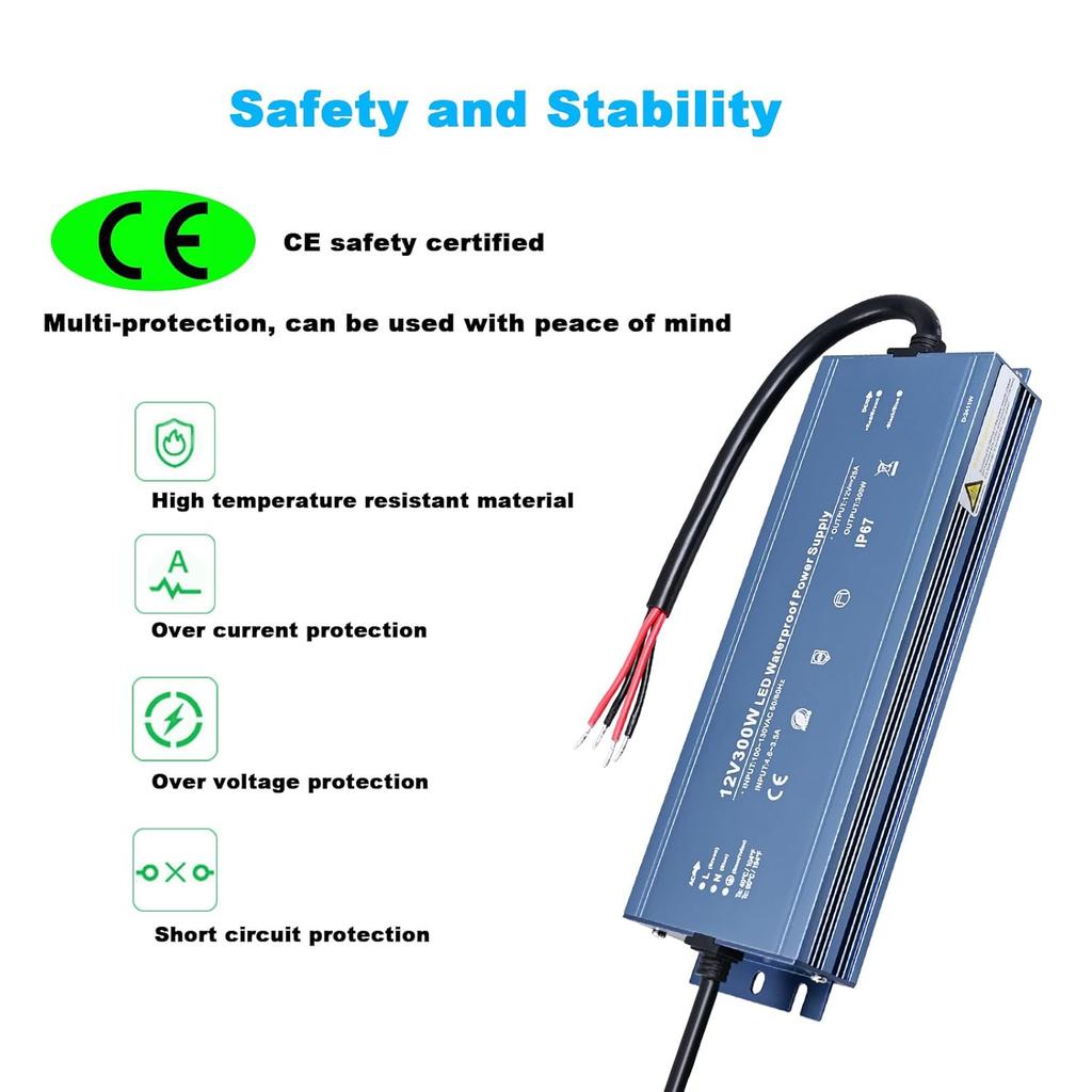 LED Driver 12V 300W Outdoor IP67 Waterproof Power Supply, Transformer Adapter AC100V-130V to DC12V 25A Output, with 3 Prong Plug for Indoor Outdoor