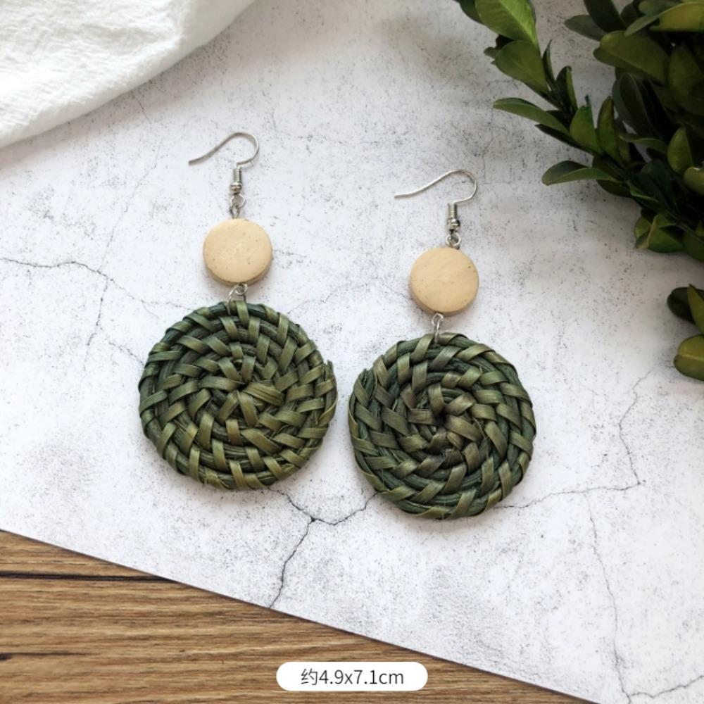 Vintage Mori Grass and Rattan Woven Handmade Earrings Bohemian Vacation Style Stud Earrings Female Ethnic Style Summer Ear Jewelry