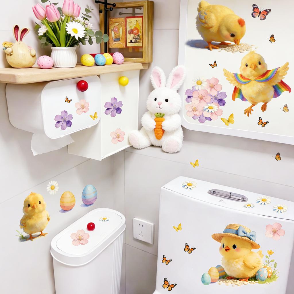 Easter Cartoon Chick Butterfly Flower Wall Sticker Kids Room Holiday Wall Decoration Self-Adhesive