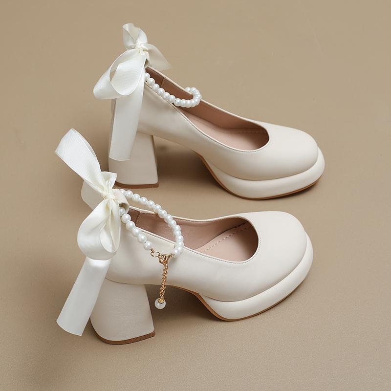 Fashion Soft Leather High Heels Women's New Pearl French Block Heel Mary Jane Gentle Wind Shoes