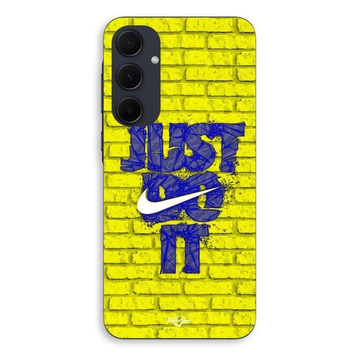Coque Pour Samsung galaxy A35 logo just do it couleur bleu front jaune Maniacase